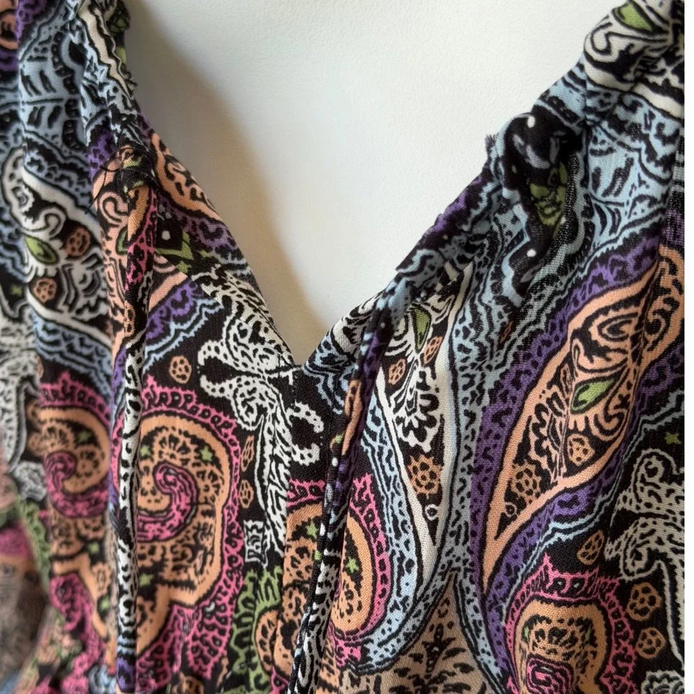 Earthbound Trading Co V Neck Lantern Sleeve Mini Dress Paisley Print Boho size S